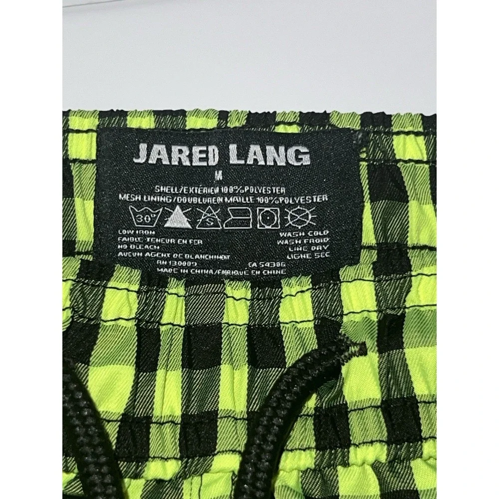 JARED LANG Men's Checkered Swim Trunks Neon Lime Black Plaid Shorts Sz. Medium